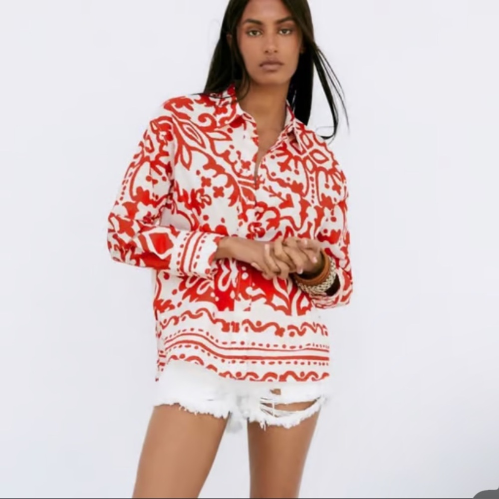 Zara White/Red Poplin Button Down